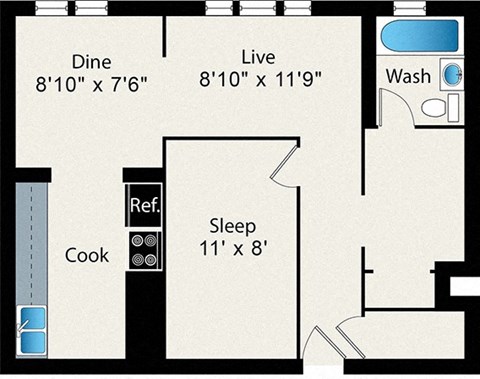 Floor plan for studio, 1 bath, 611 sqft